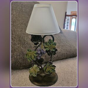 #Wrought Iron Tea Candle Holder Ivy Grapes with Frosted Glass Lampshade